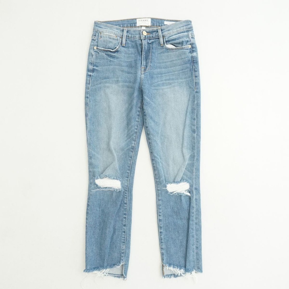 FRAME Denim Le High Straight Arrington Blue Distressed Ripped Fray Hem Jeans 26